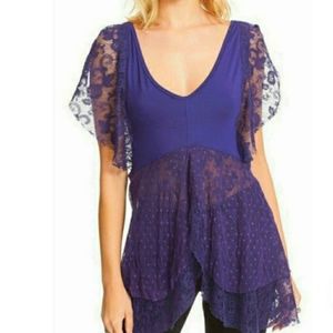 New- Free People lace crossover t shirt flutter sleeve peekaboo tunic fa…